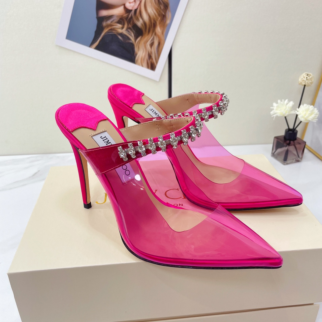 Jimmy Choo Bing 100 Hot Pink Neon Plexi Mules With Pink Crystal Strap - PerfectKickZ