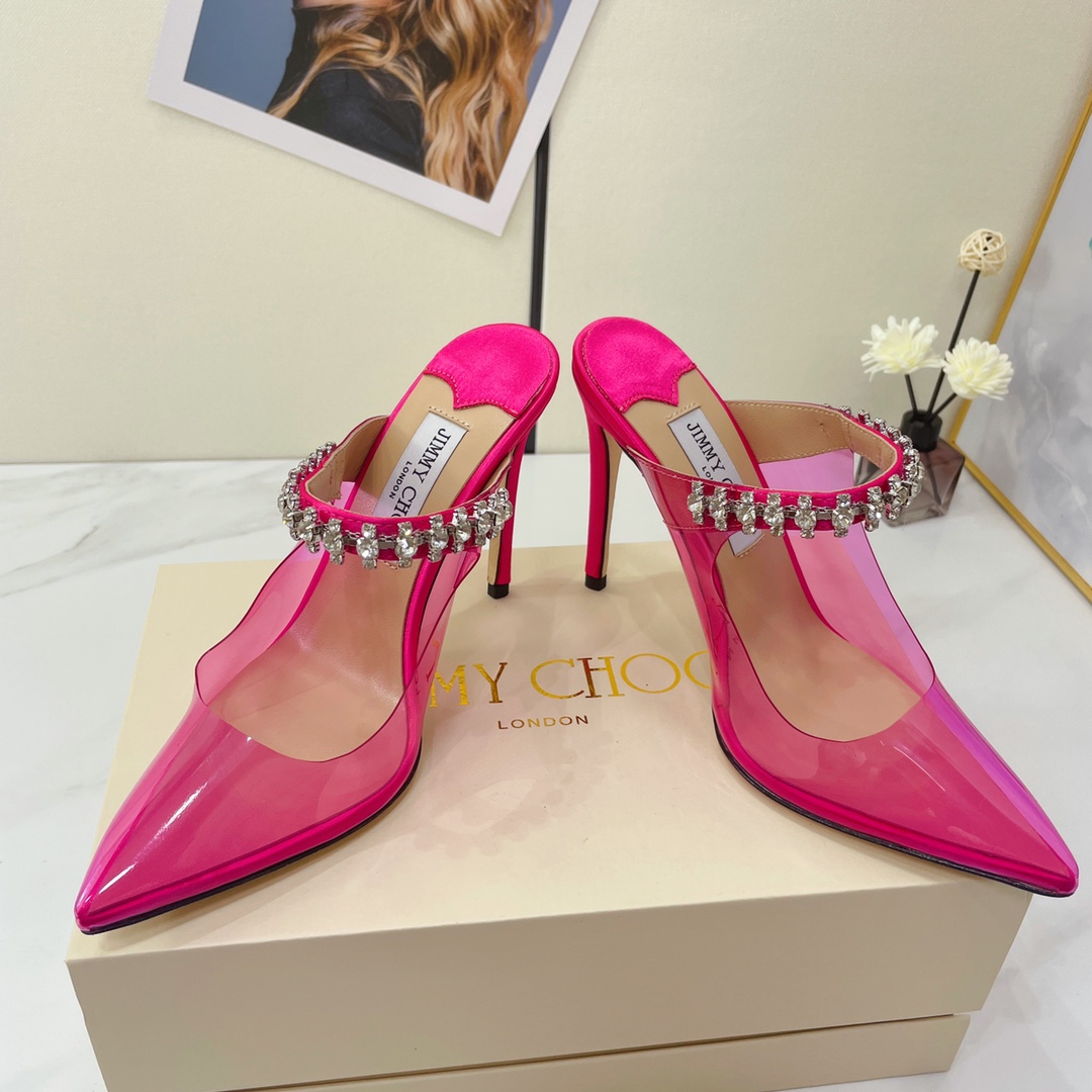 Jimmy Choo Bing 100 Hot Pink Neon Plexi Mules With Pink Crystal Strap - PerfectKickZ