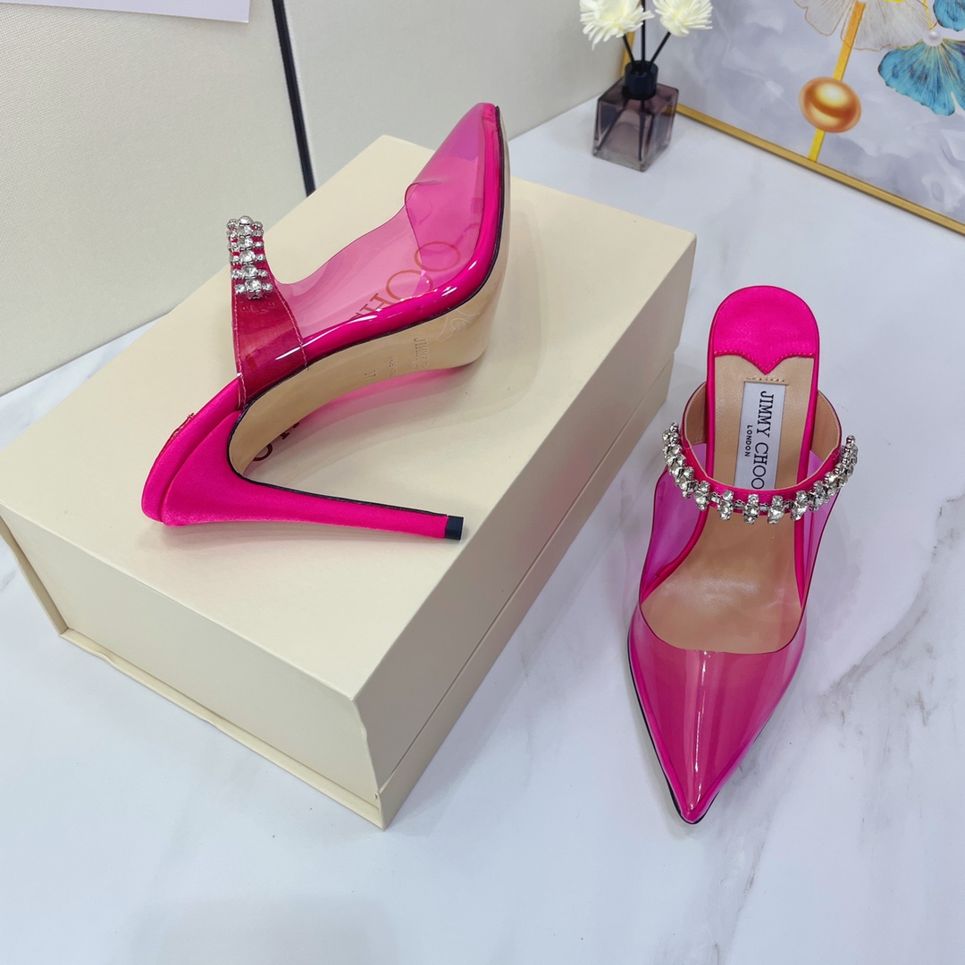 Jimmy Choo Bing 100 Hot Pink Neon Plexi Mules With Pink Crystal Strap - PerfectKickZ