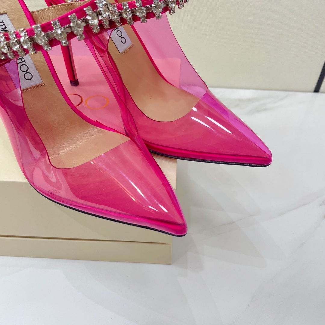 Jimmy Choo Bing 100 Hot Pink Neon Plexi Mules With Pink Crystal Strap - PerfectKickZ
