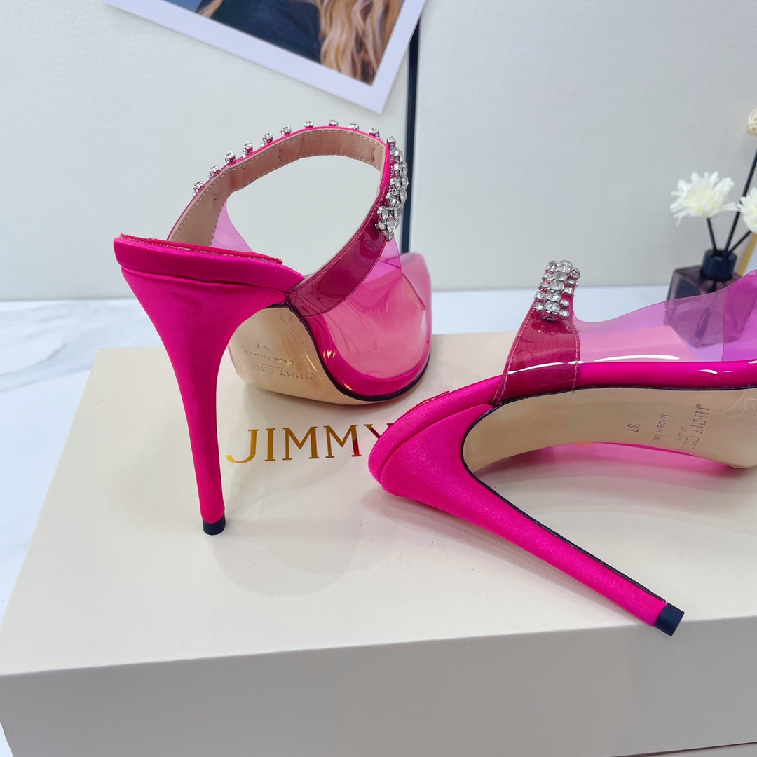 Jimmy Choo Bing 100 Hot Pink Neon Plexi Mules With Pink Crystal Strap - PerfectKickZ