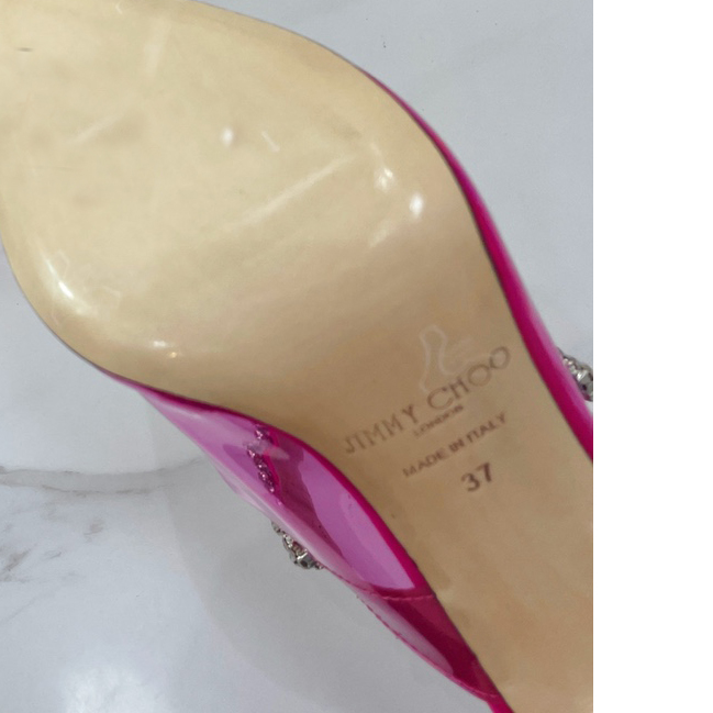 Jimmy Choo Bing 100 Hot Pink Neon Plexi Mules With Pink Crystal Strap - PerfectKickZ