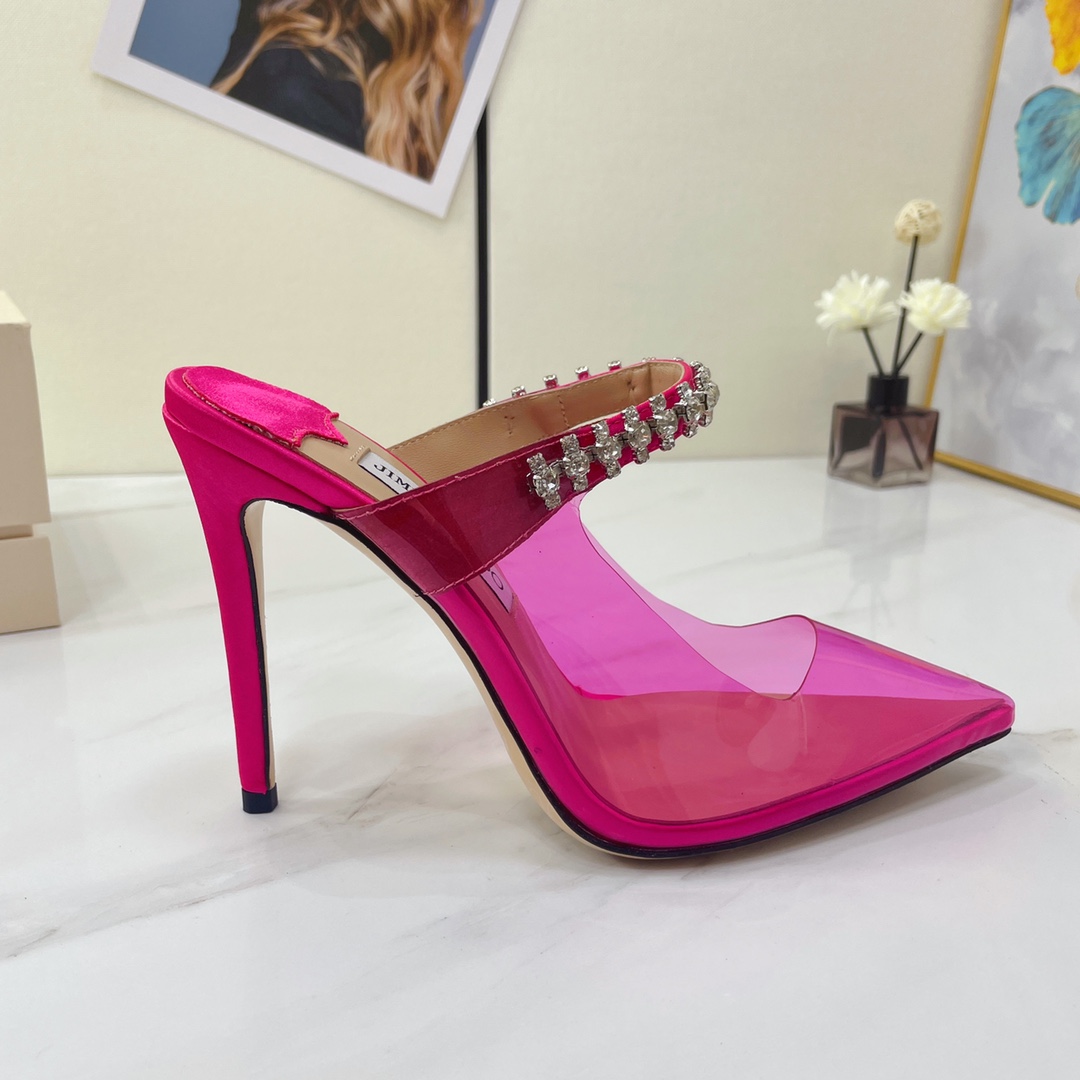 Jimmy Choo Bing 100 Hot Pink Neon Plexi Mules With Pink Crystal Strap - PerfectKickZ