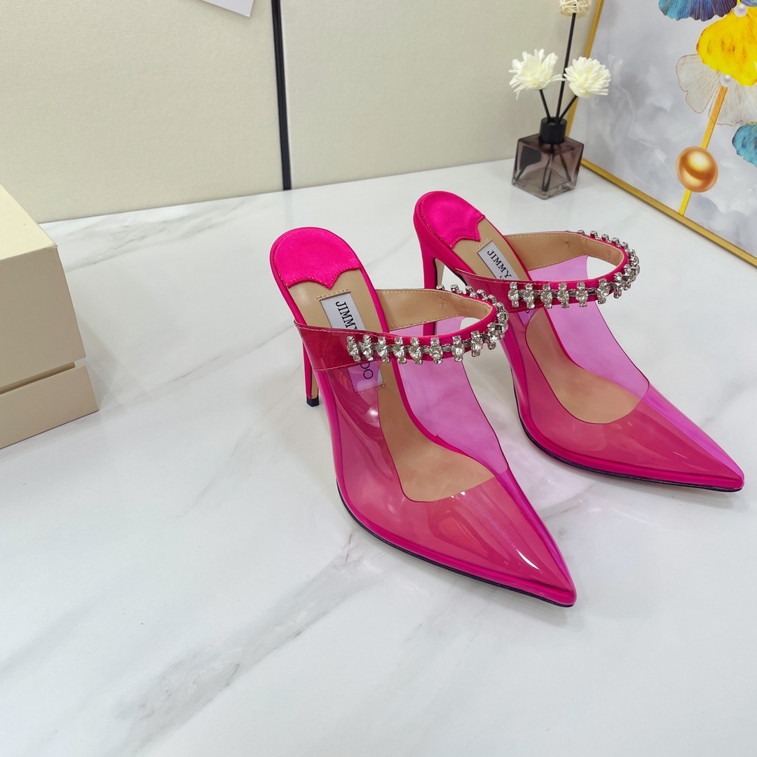 Jimmy Choo Bing 100 Hot Pink Neon Plexi Mules With Pink Crystal Strap - PerfectKickZ
