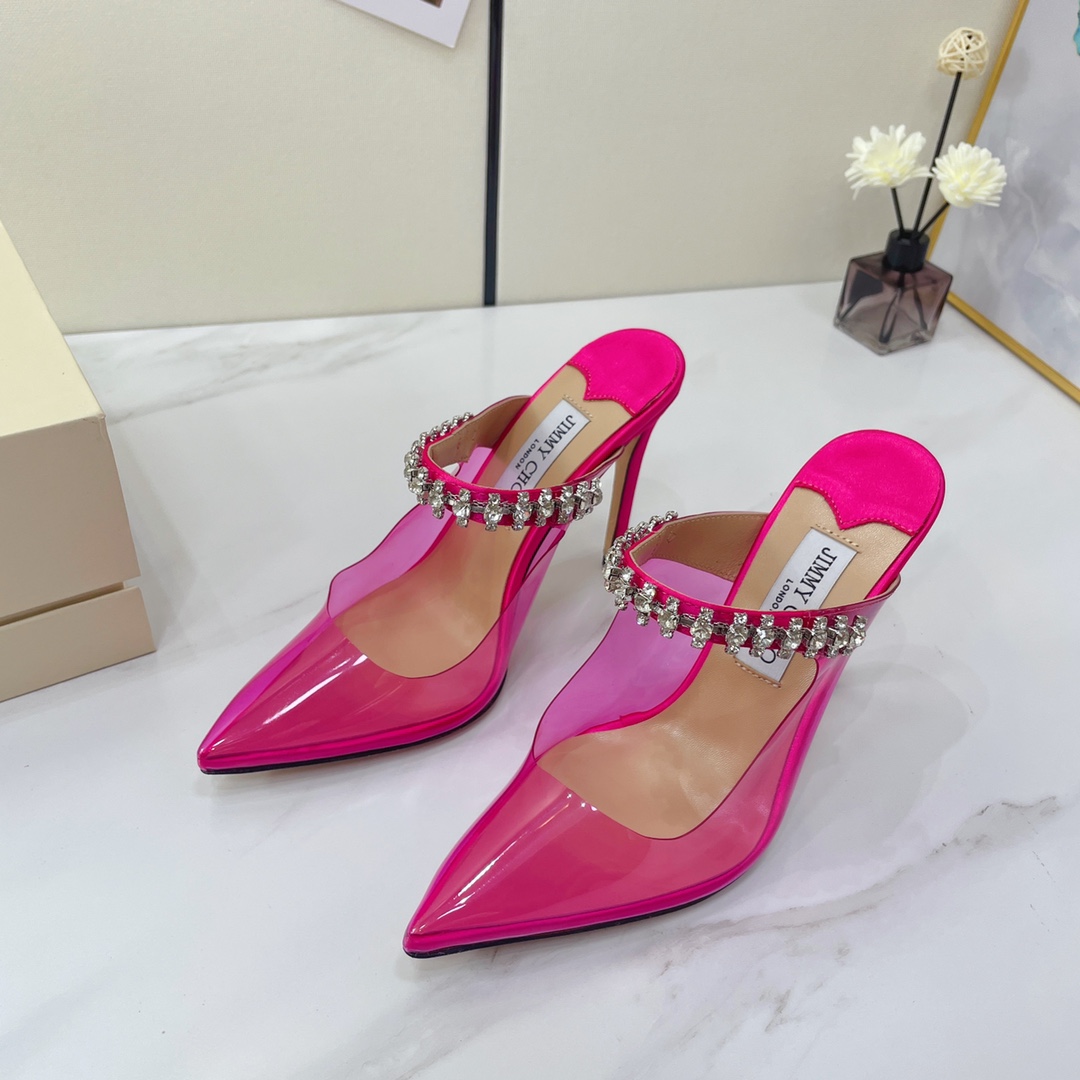 Jimmy Choo Bing 100 Hot Pink Neon Plexi Mules With Pink Crystal Strap - PerfectKickZ