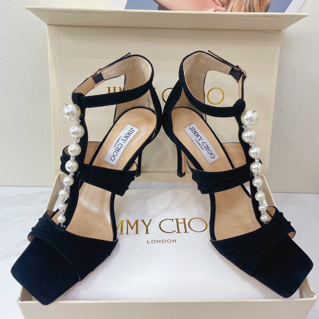 Jimmy Choo Black Suede Sandals With Pearls And Crystals - PerfectKickZ