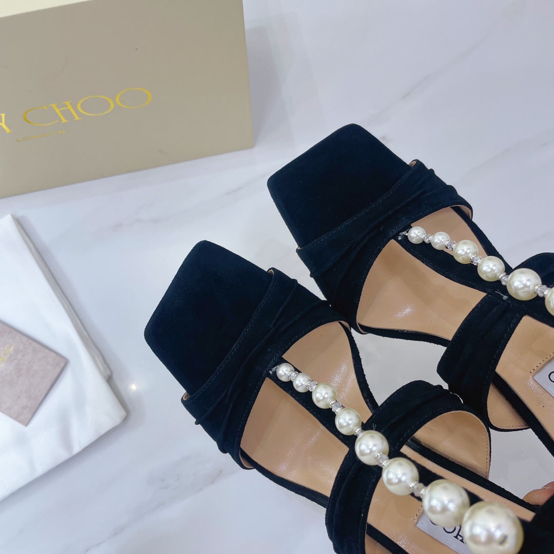 Jimmy Choo Black Suede Sandals With Pearls And Crystals - PerfectKickZ