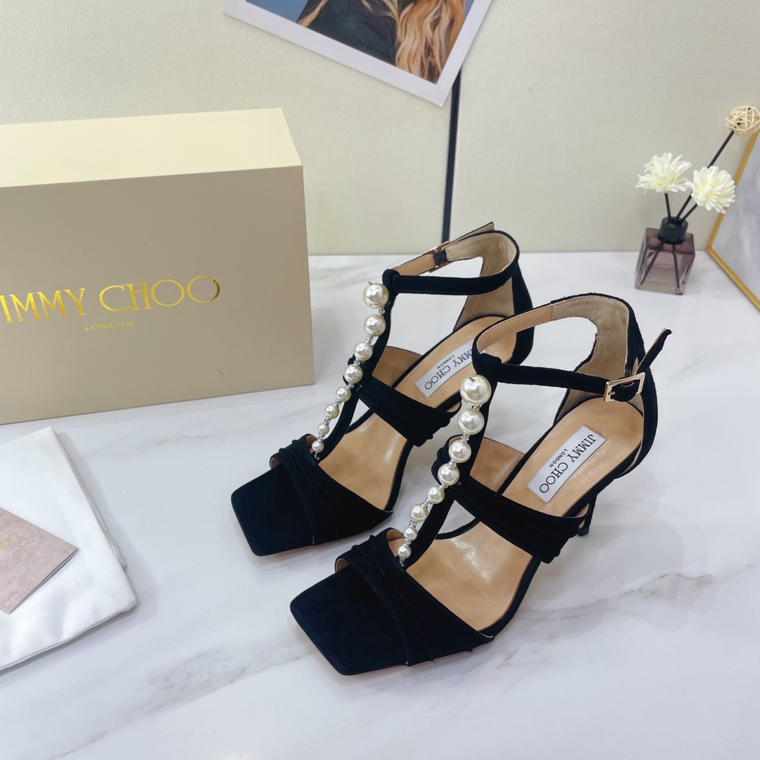 Jimmy Choo Black Suede Sandals With Pearls And Crystals - PerfectKickZ