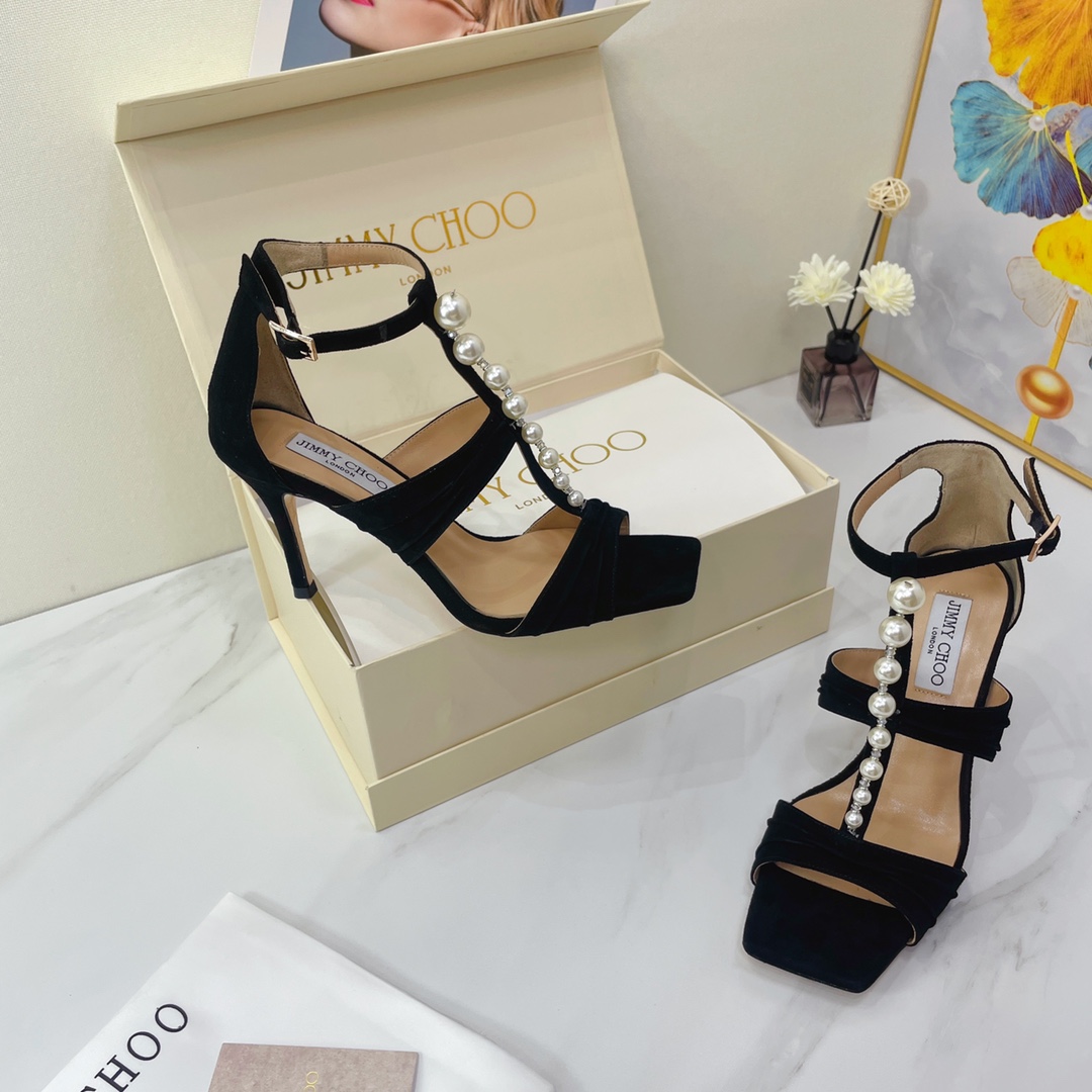 Jimmy Choo Black Suede Sandals With Pearls And Crystals - PerfectKickZ
