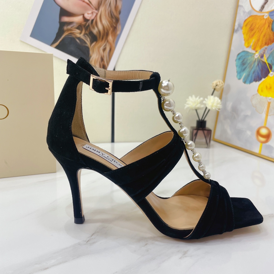 Jimmy Choo Black Suede Sandals With Pearls And Crystals - PerfectKickZ