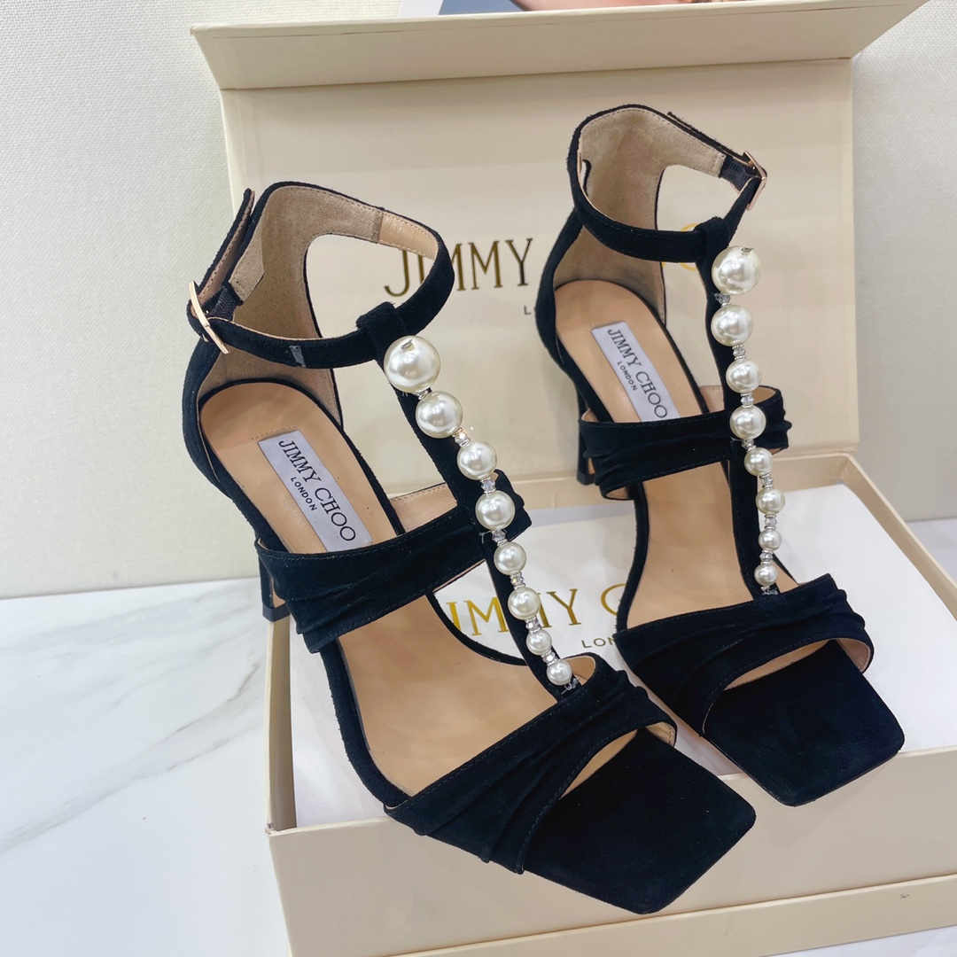 Jimmy Choo Black Suede Sandals With Pearls And Crystals - PerfectKickZ