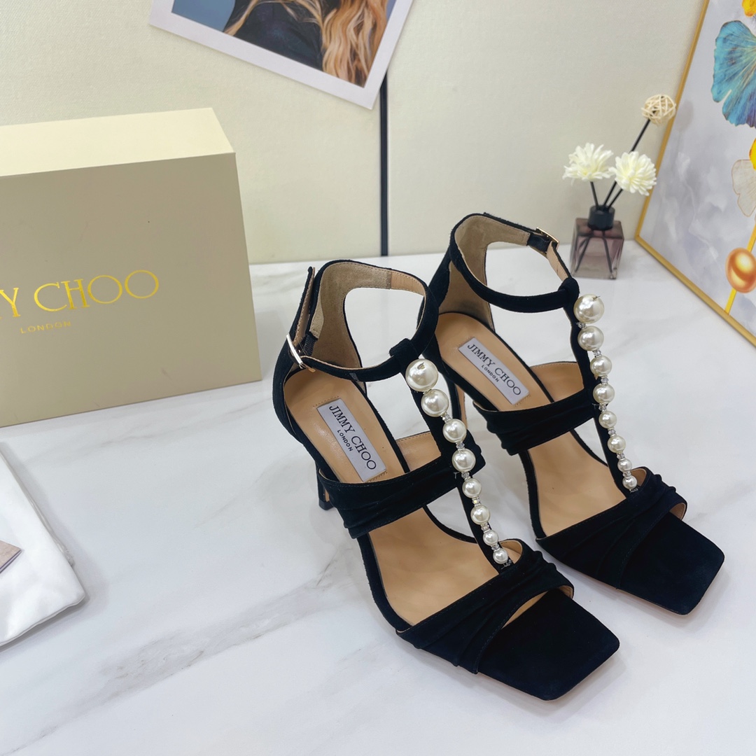 Jimmy Choo Black Suede Sandals With Pearls And Crystals - PerfectKickZ