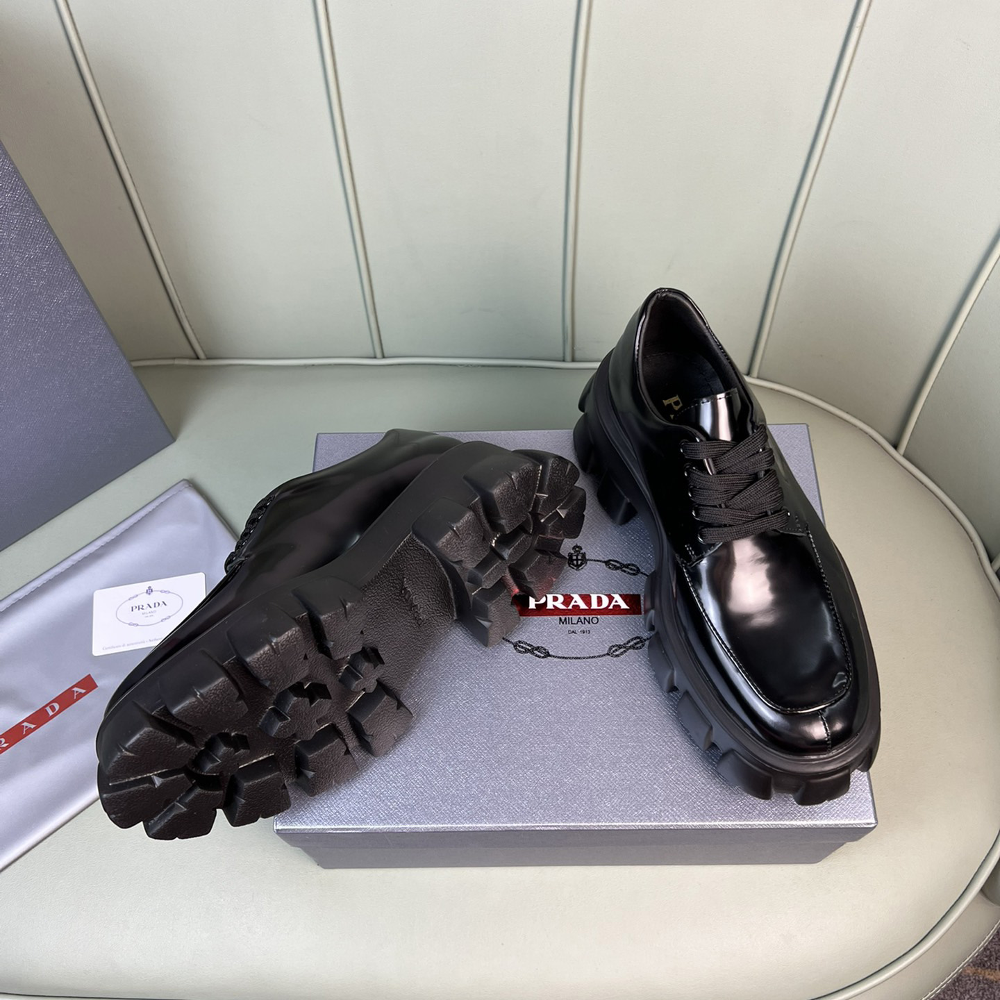 Prada Monolith Brushed Leather Lace-Up Shoes - PerfectKickZ
