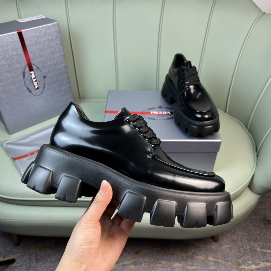 Prada Monolith Brushed Leather Lace-Up Shoes - PerfectKickZ