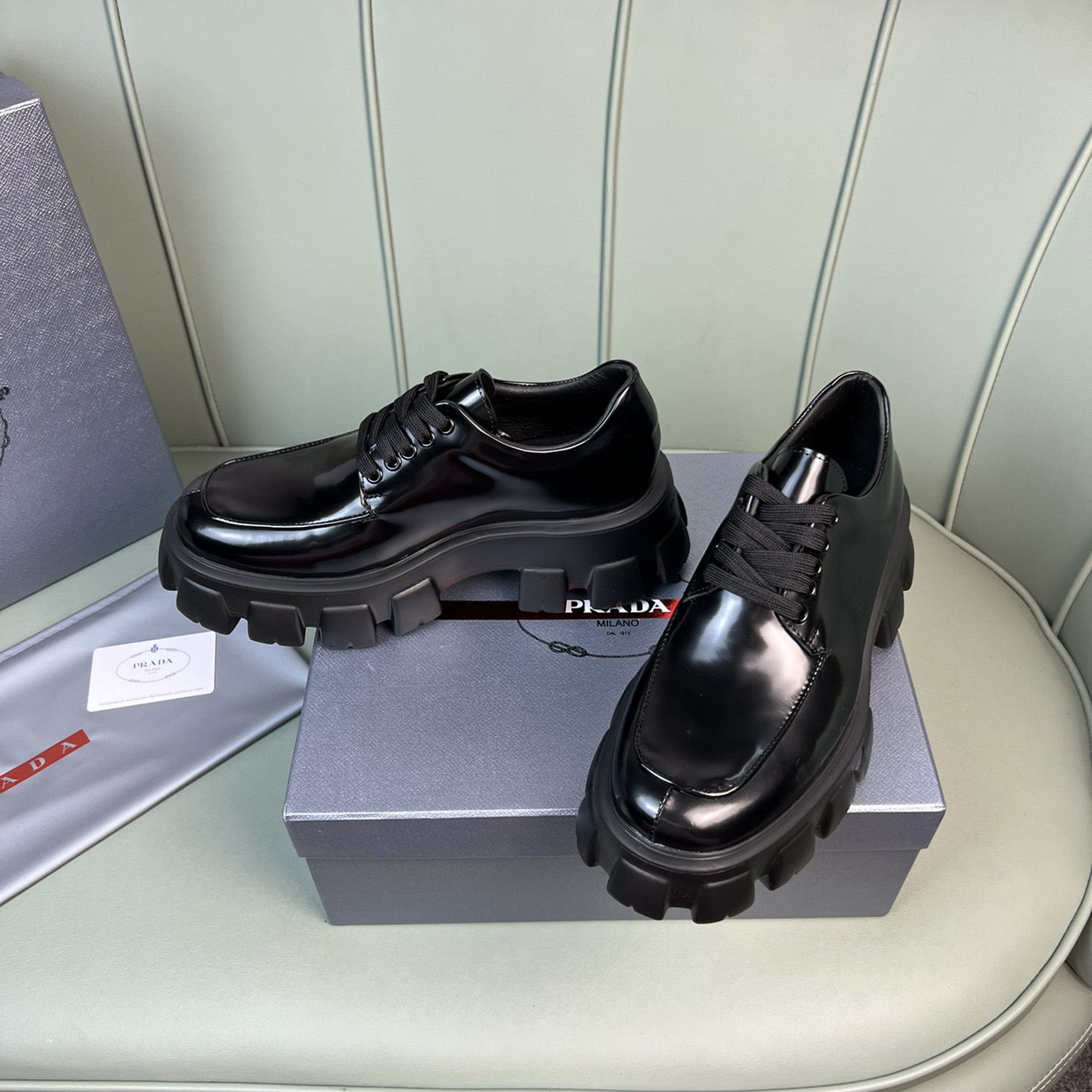 Prada Monolith Brushed Leather Lace-Up Shoes - PerfectKickZ