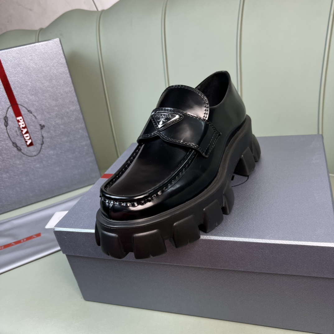 Prada Monolith Brushed Leather Loafers - 