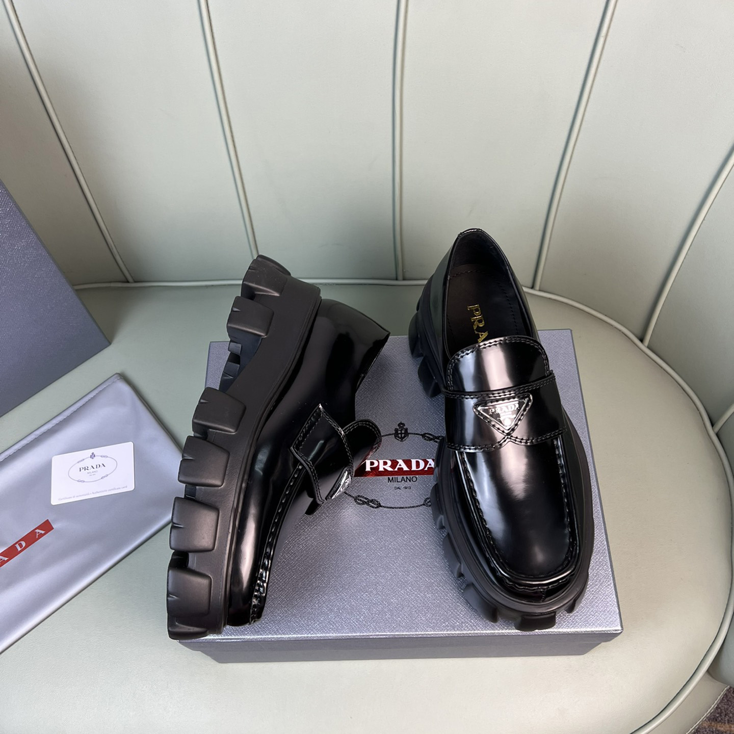 Prada Monolith Brushed Leather Loafers - 
