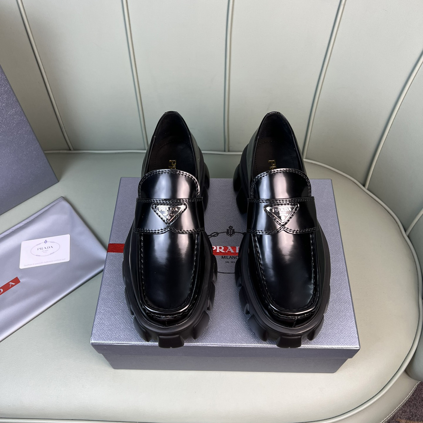 Prada Monolith Brushed Leather Loafers - 
