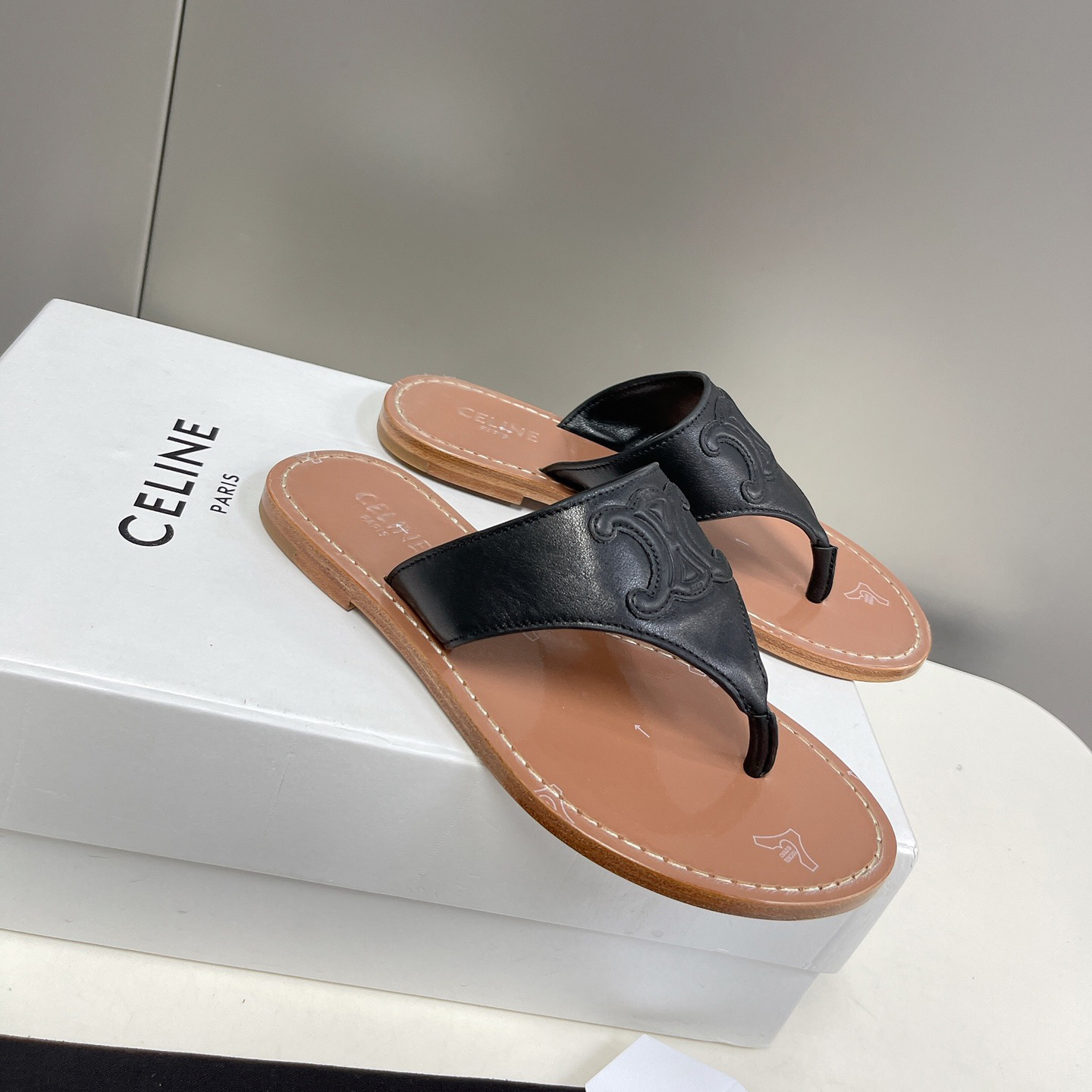 Celine Triomphe Flat Thong In Calfskin Black - PerfectKickZ