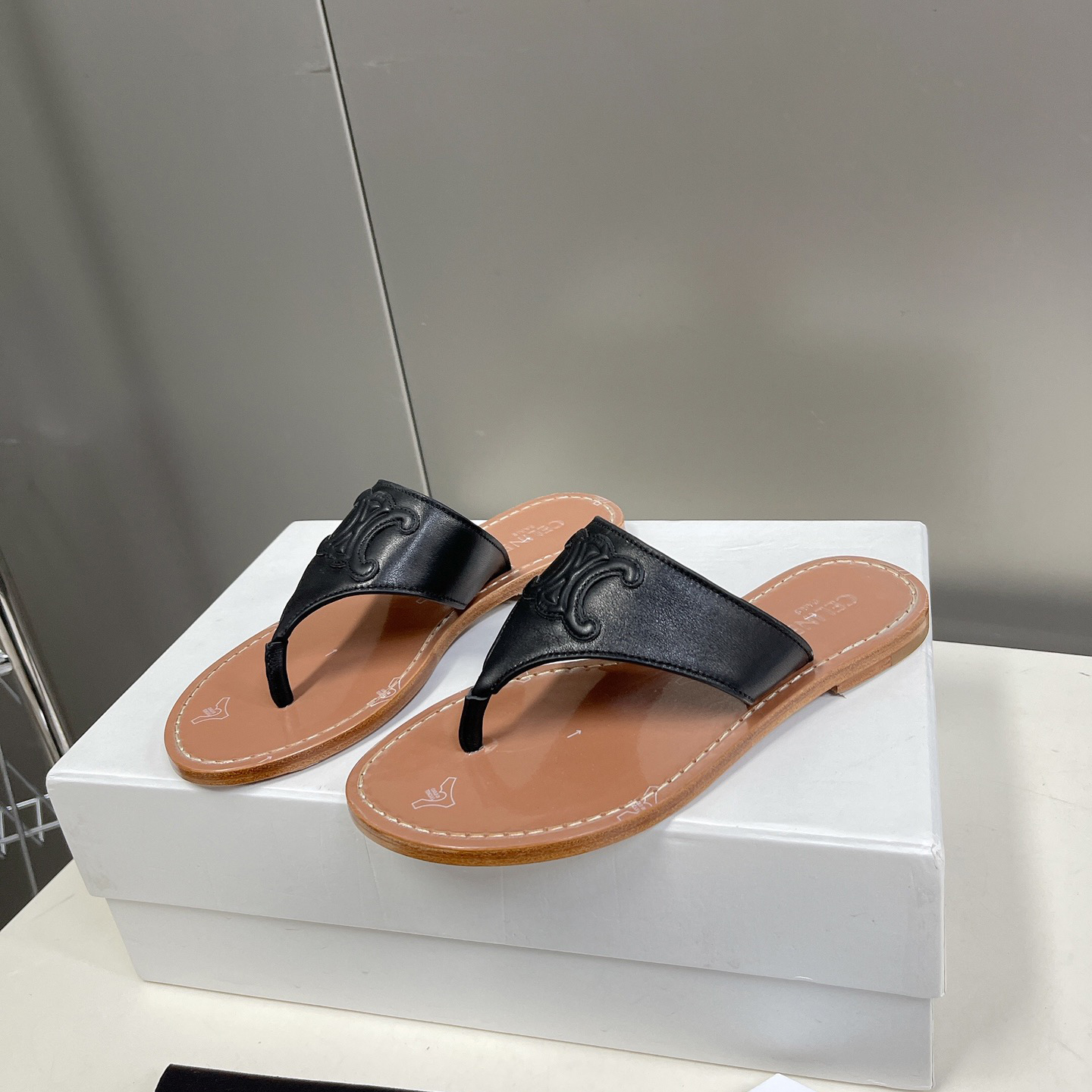Celine Triomphe Flat Thong In Calfskin Black - PerfectKickZ