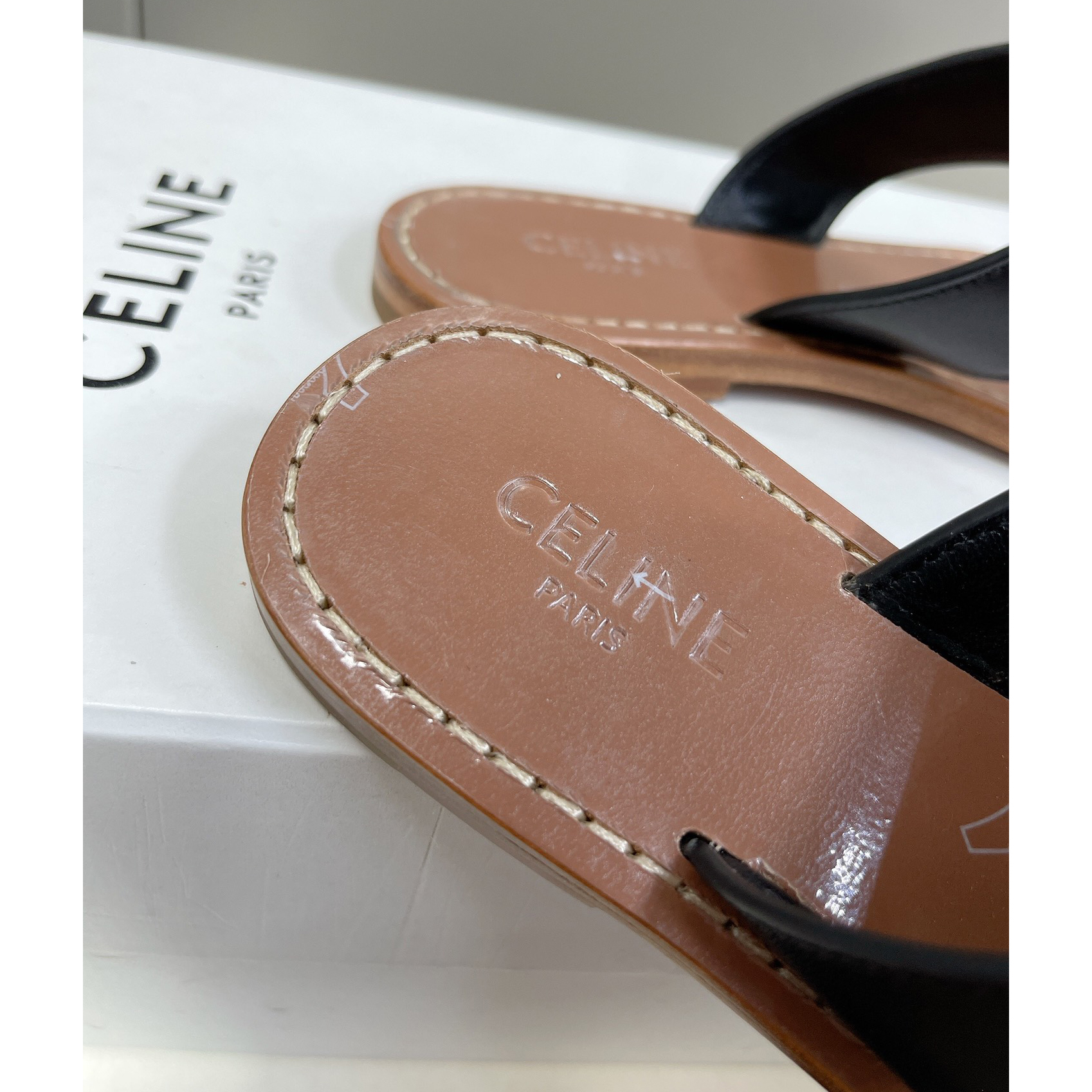 Celine Triomphe Flat Thong In Calfskin Black - PerfectKickZ