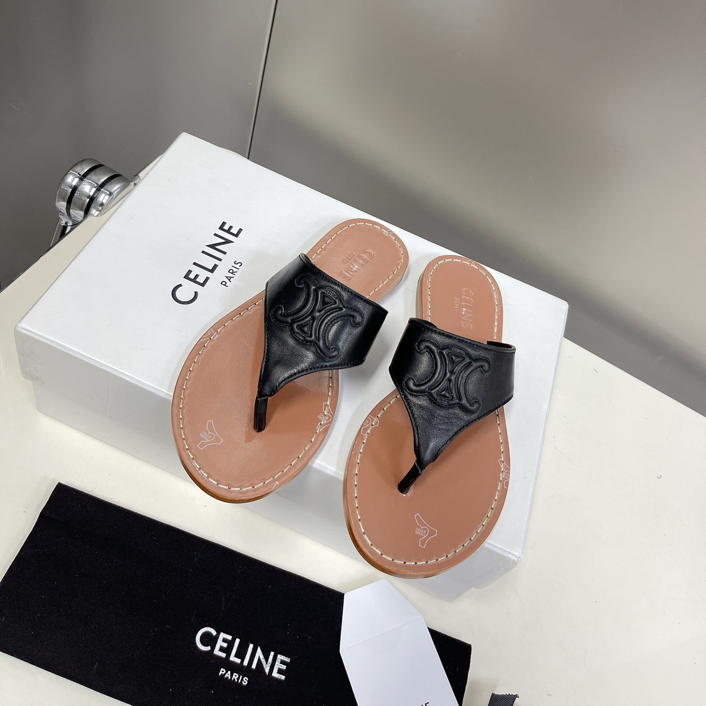 Celine Triomphe Flat Thong In Calfskin Black - PerfectKickZ
