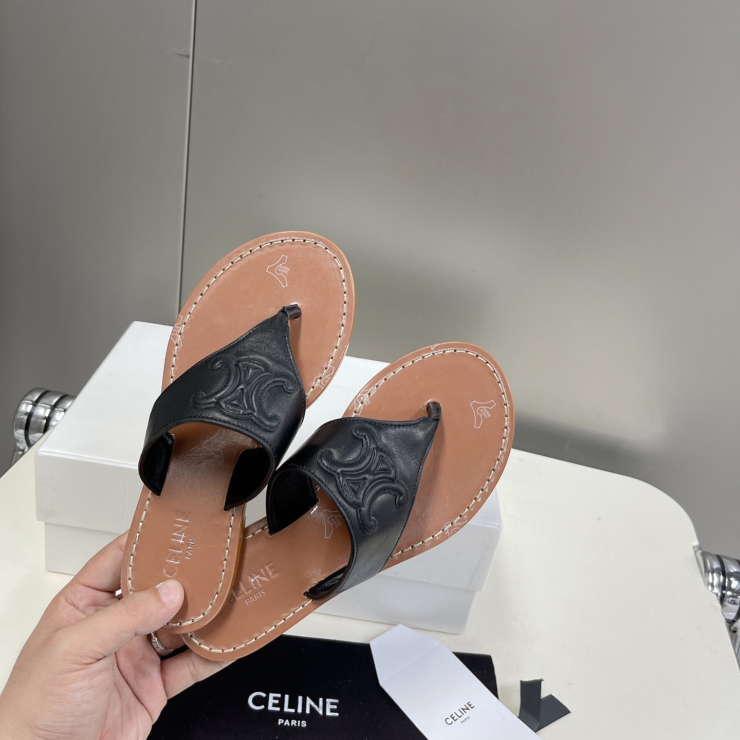 Celine Triomphe Flat Thong In Calfskin Black - PerfectKickZ