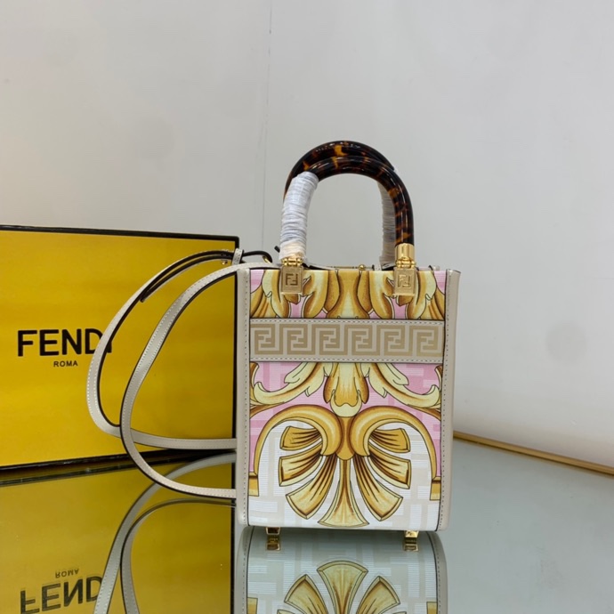 Versace x Fendi Mini Sunshine Shopper Fendace Printed White Leather Mini Bag(13-18-6.5cm) - PerfectKickZ