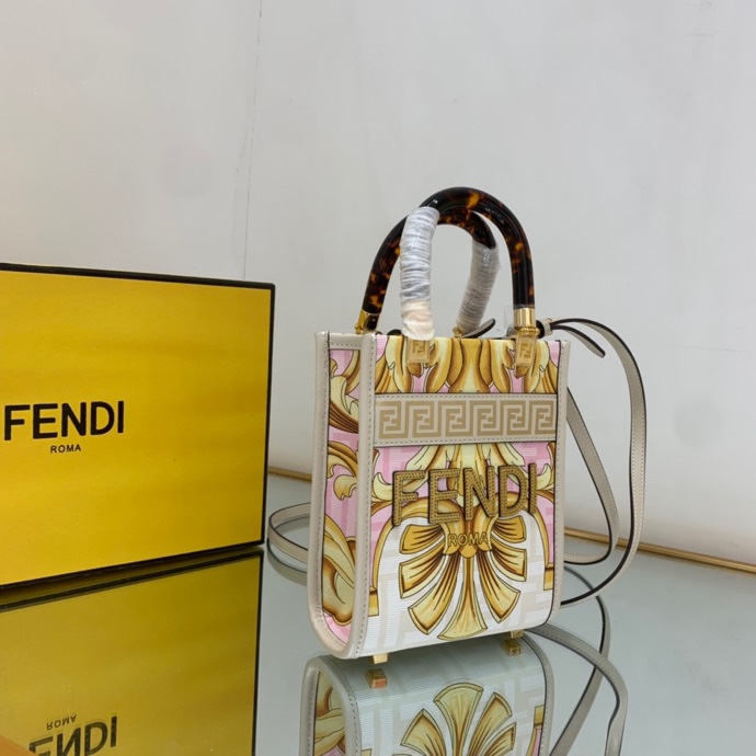 Versace x Fendi Mini Sunshine Shopper Fendace Printed White Leather Mini Bag(13-18-6.5cm) - PerfectKickZ
