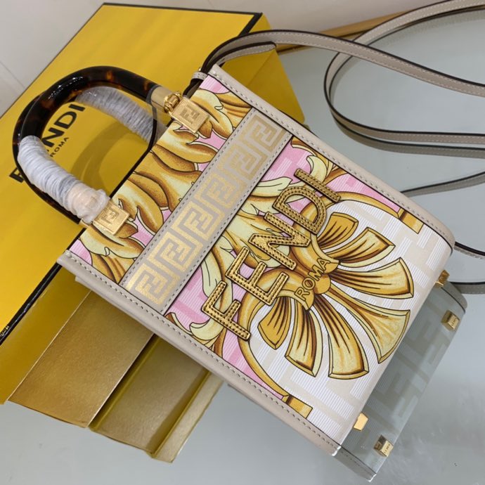 Versace x Fendi Mini Sunshine Shopper Fendace Printed White Leather Mini Bag(13-18-6.5cm) - PerfectKickZ