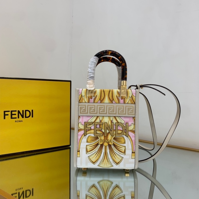 Versace x Fendi Mini Sunshine Shopper Fendace Printed White Leather Mini Bag(13-18-6.5cm) - PerfectKickZ