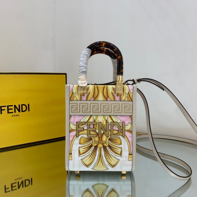 Versace x Fendi Mini Sunshine Shopper Fendace Printed White Leather Mini Bag(13-18-6.5cm) - PerfectKickZ