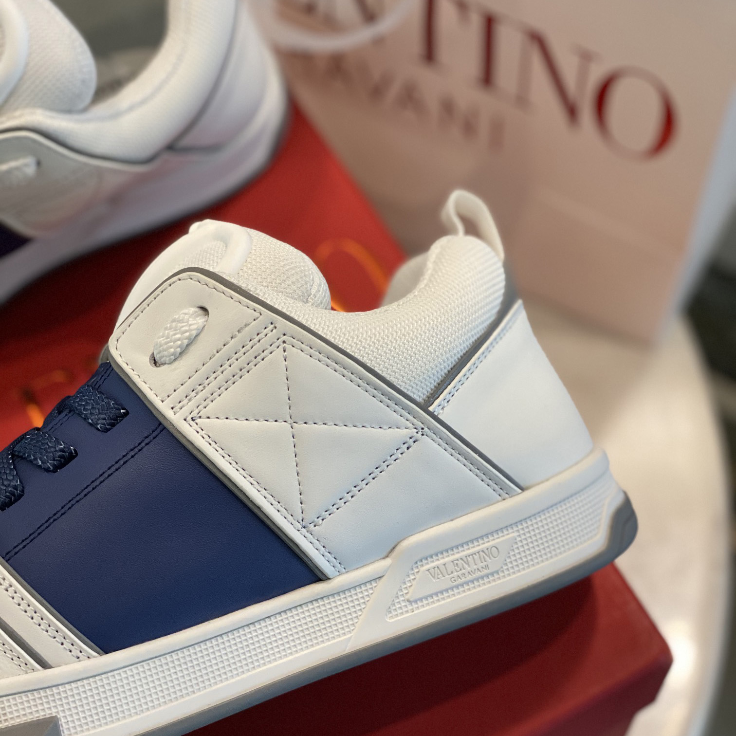 Valenti Open Skate Calfskin And Fabric Sneaker In White/Blue - PerfectKickZ