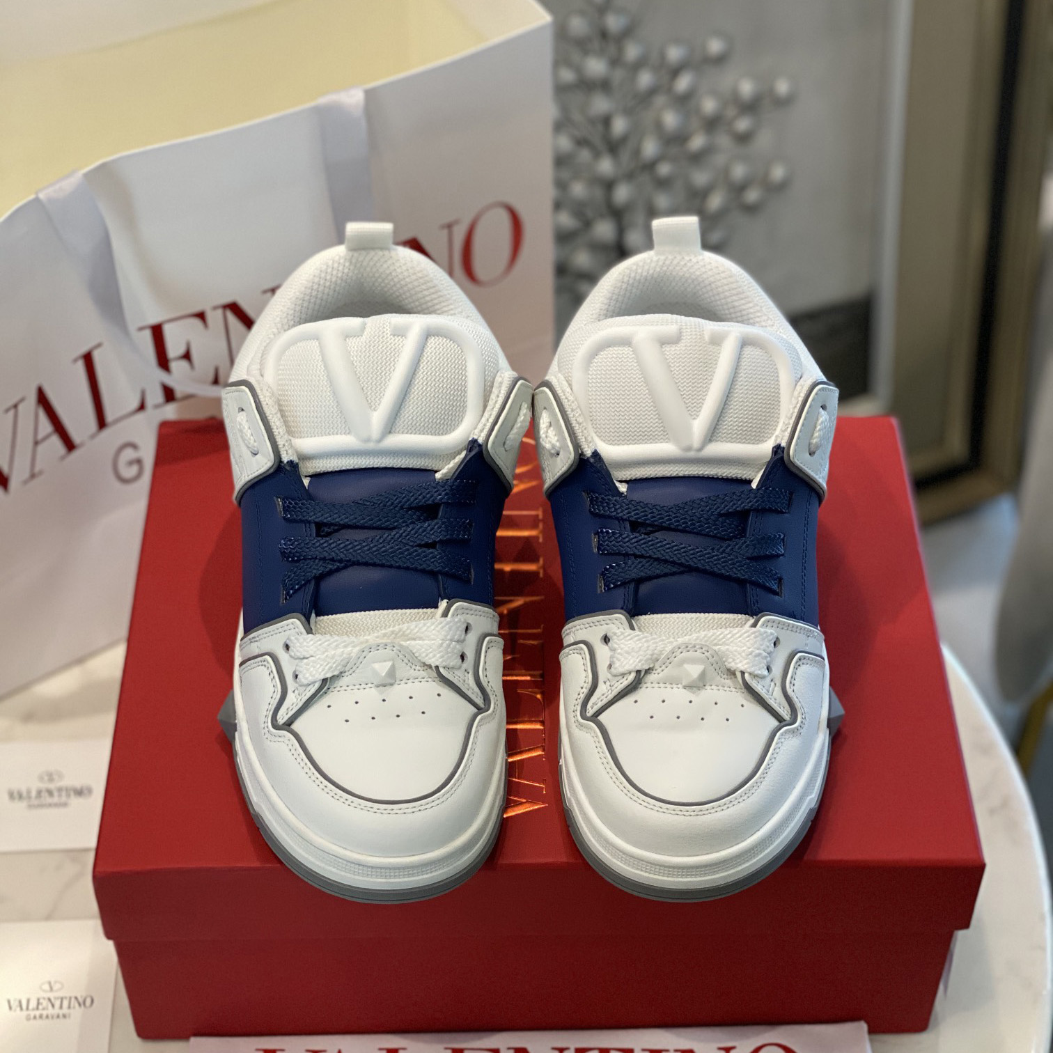 Valenti Open Skate Calfskin And Fabric Sneaker In White/Blue - PerfectKickZ