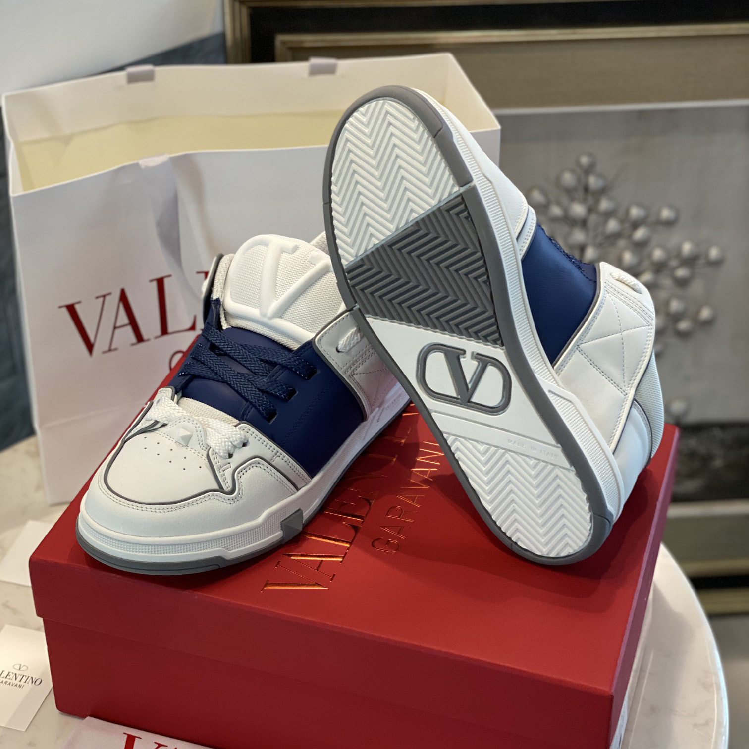 Valenti Open Skate Calfskin And Fabric Sneaker In White/Blue - PerfectKickZ