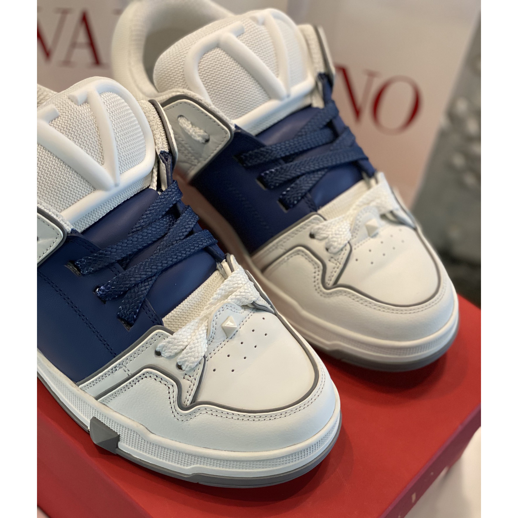 Valenti Open Skate Calfskin And Fabric Sneaker In White/Blue - PerfectKickZ