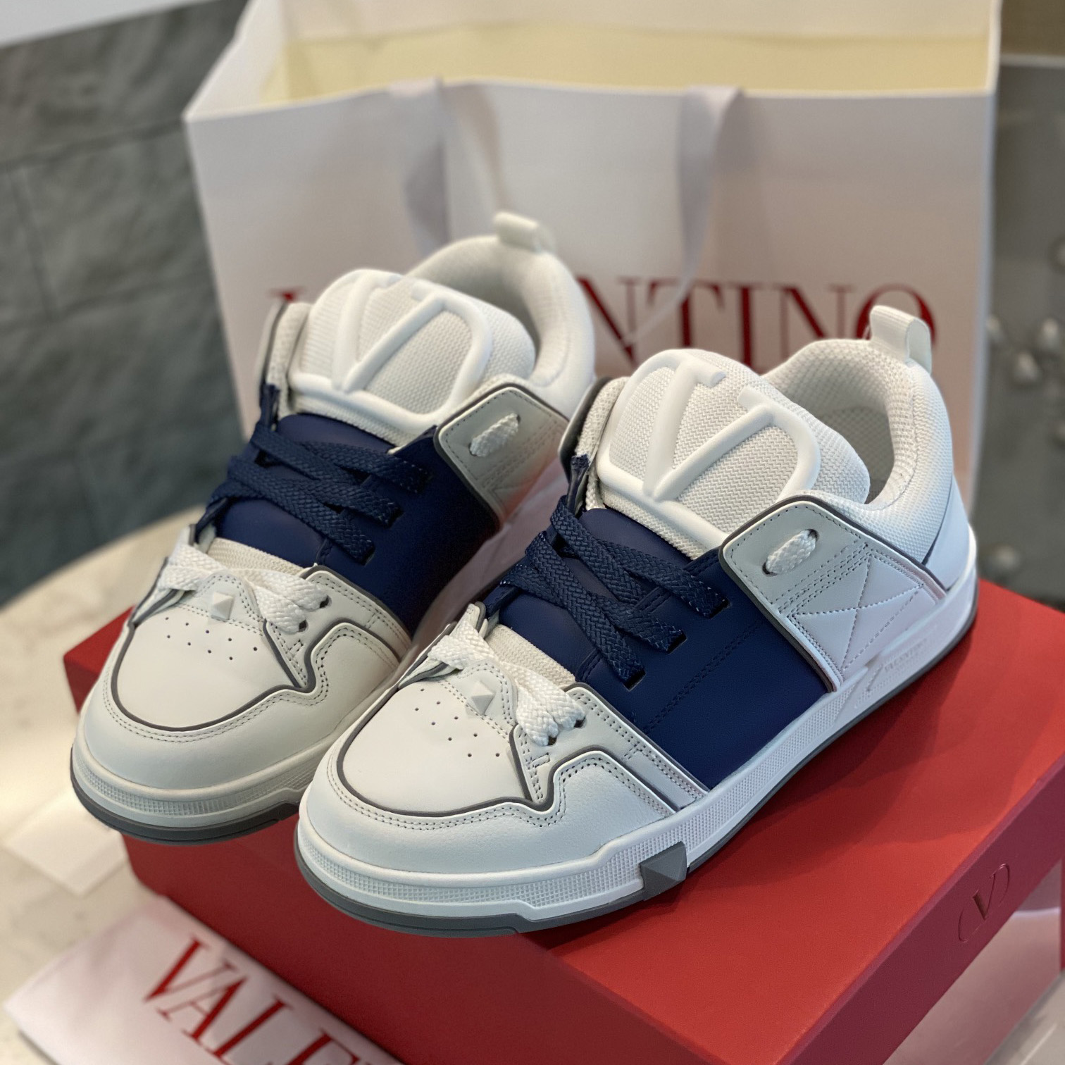Valenti Open Skate Calfskin And Fabric Sneaker In White/Blue - PerfectKickZ