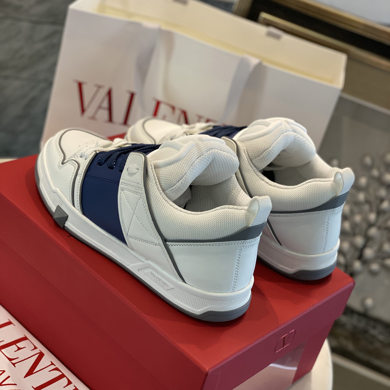 Valenti Open Skate Calfskin And Fabric Sneaker In White/Blue - PerfectKickZ