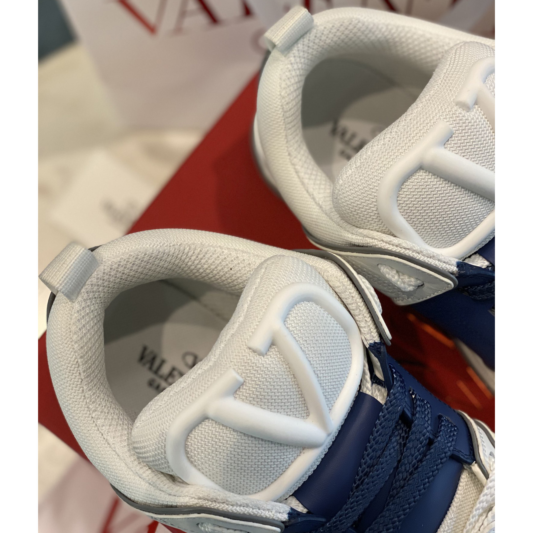 Valenti Open Skate Calfskin And Fabric Sneaker In White/Blue - PerfectKickZ