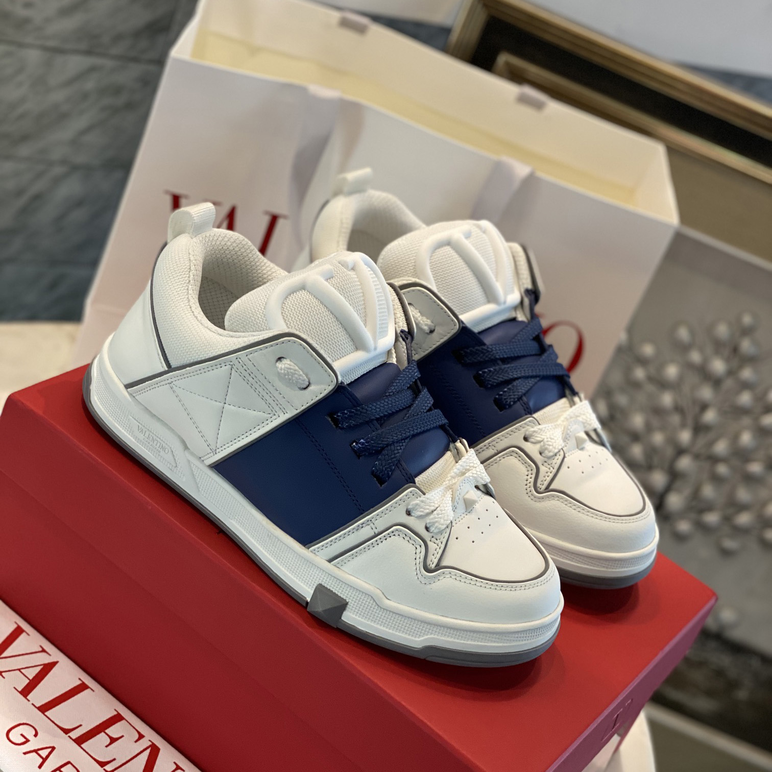 Valenti Open Skate Calfskin And Fabric Sneaker In White/Blue - PerfectKickZ