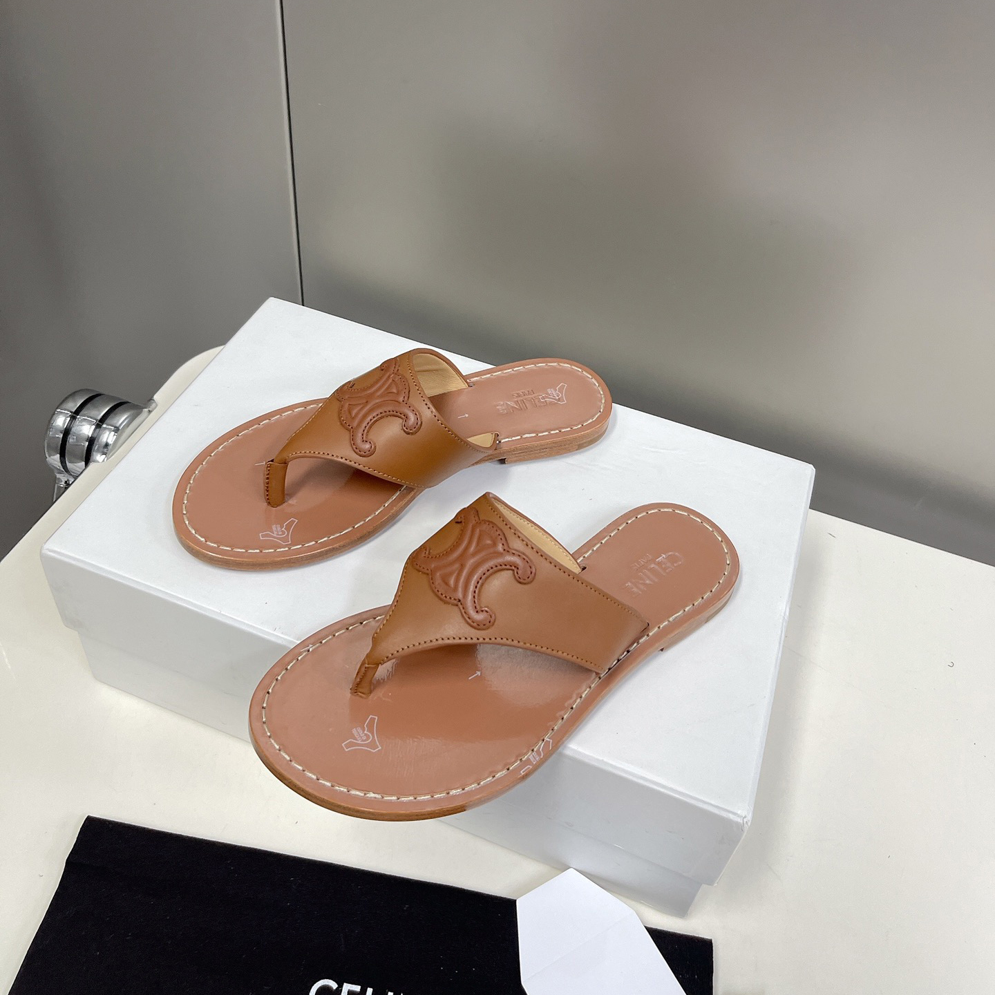 Celine Triomphe Flat Thong In Calfskin Tan - PerfectKickZ
