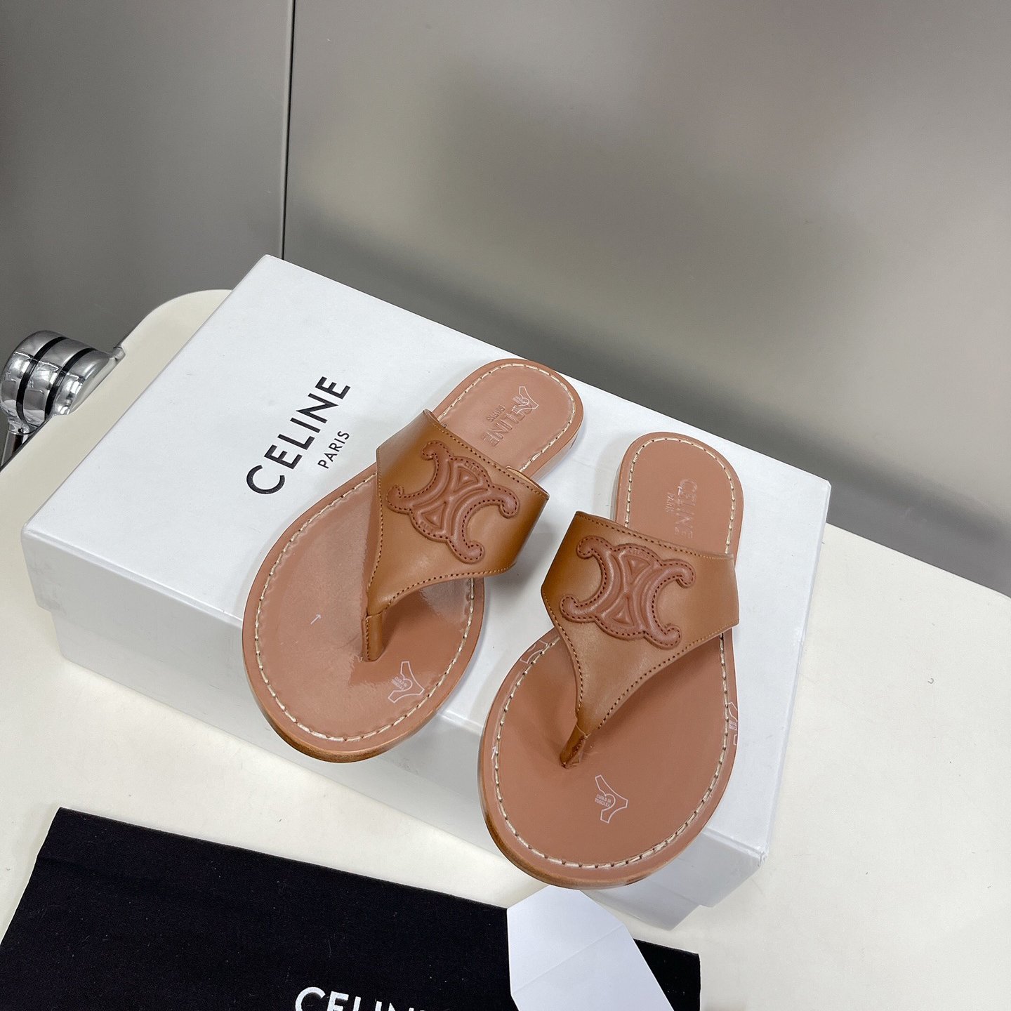 Celine Triomphe Flat Thong In Calfskin Tan - 