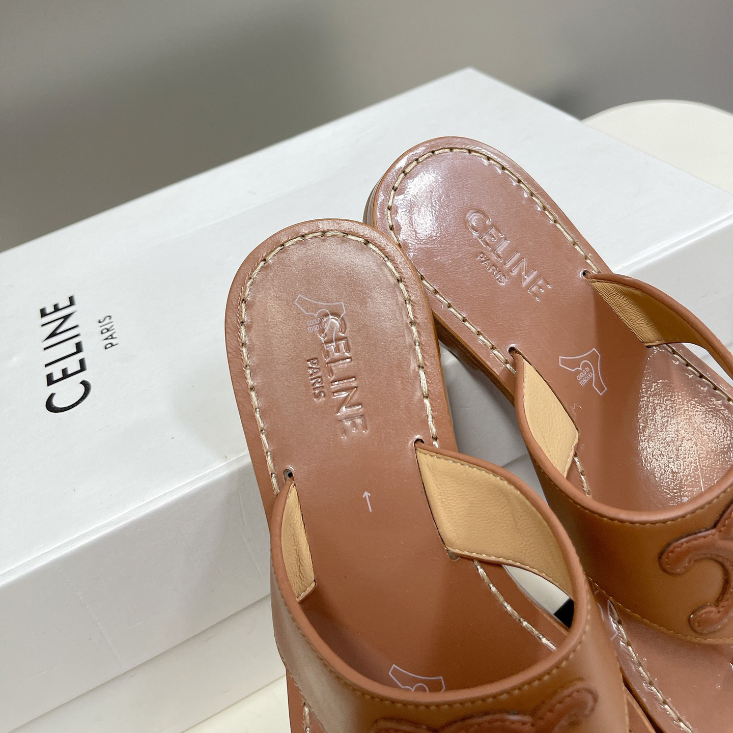 Celine Triomphe Flat Thong In Calfskin Tan - 