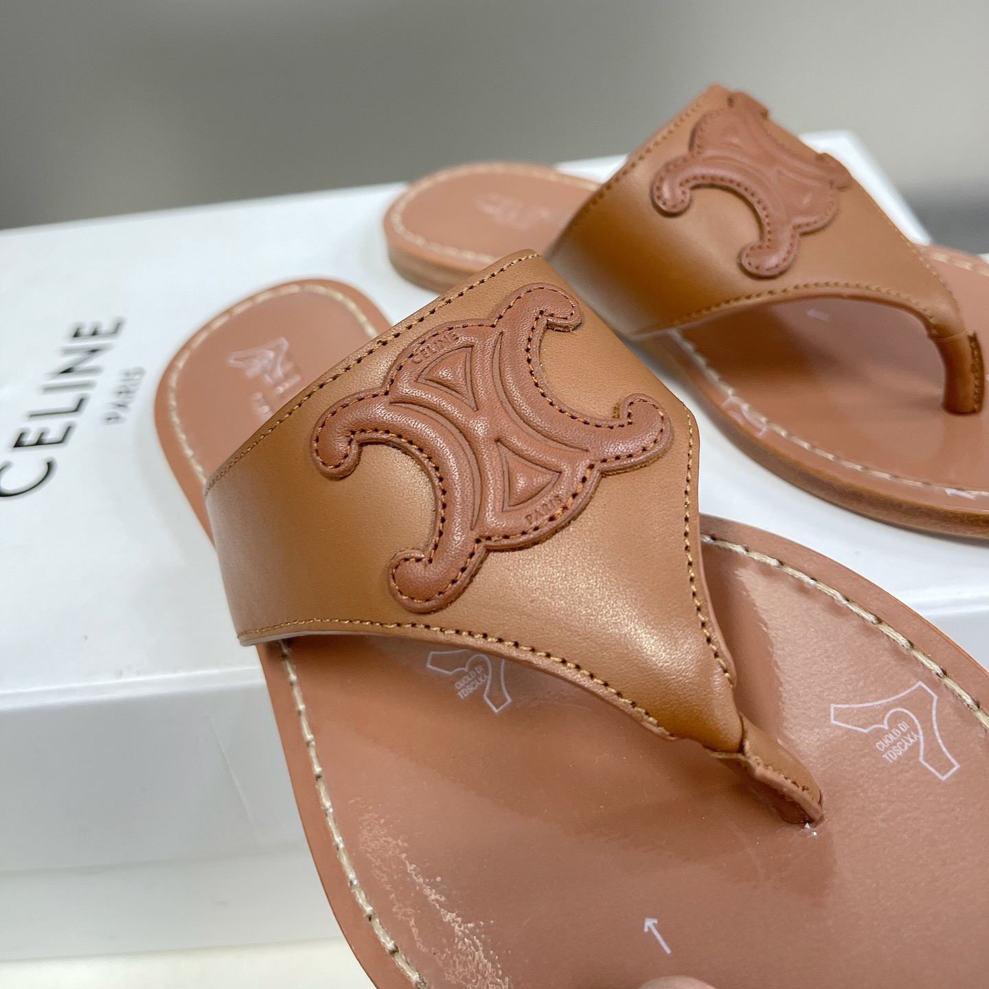 Celine Triomphe Flat Thong In Calfskin Tan - PerfectKickZ