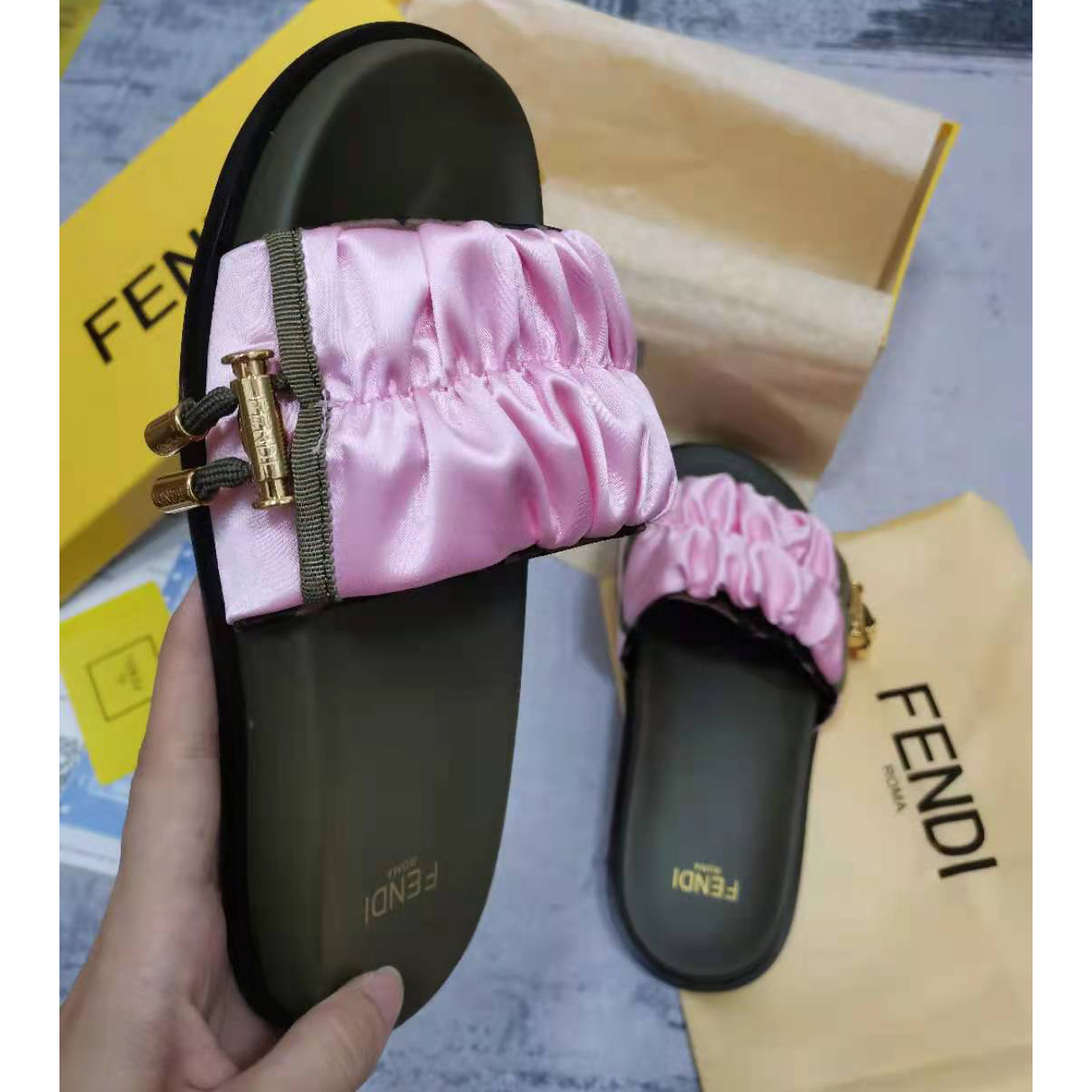 Fendi Fendi Feel Pink Satin Slides - PerfectKickZ