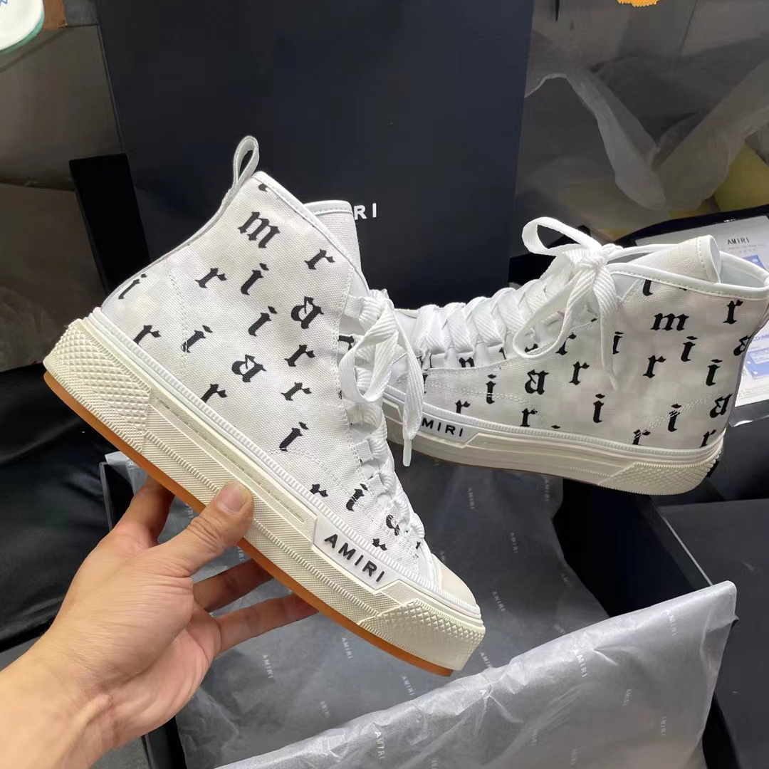 Amiri Logo-Print Canvas High-Top Sneakers - PerfectKickZ