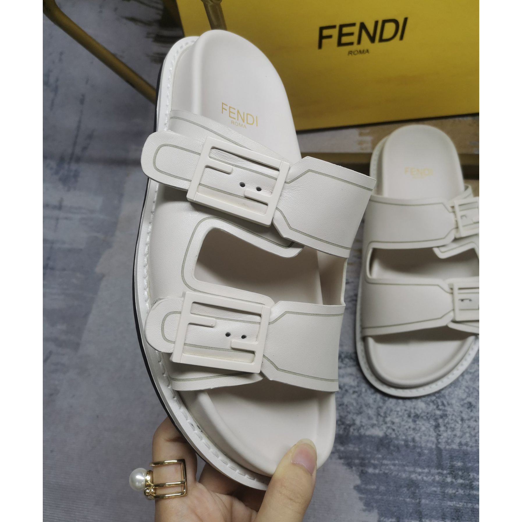 Fendi Feel WhiteFF Fabric Slides - PerfectKickZ