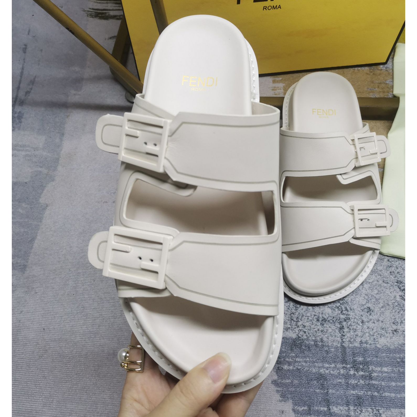 Fendi Feel WhiteFF Fabric Slides - PerfectKickZ