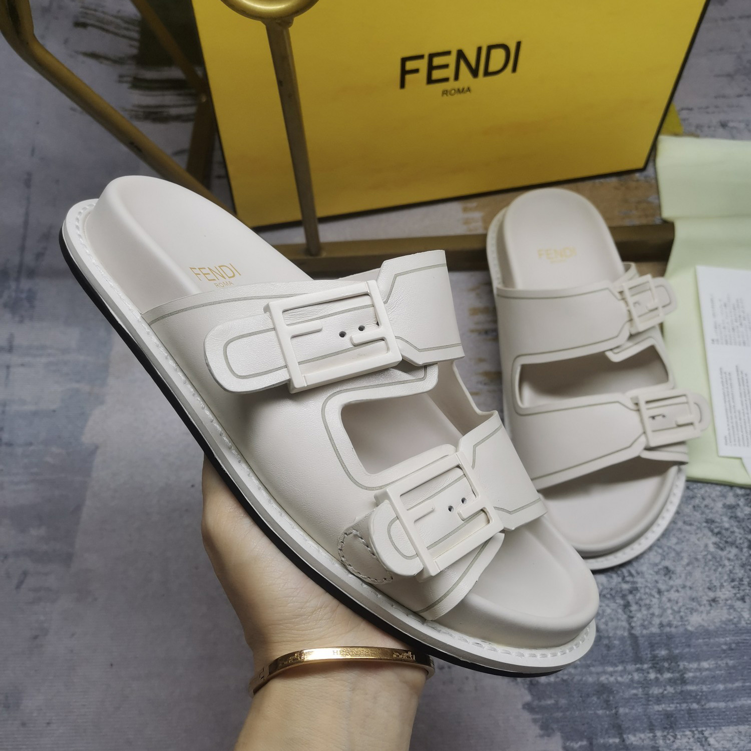 Fendi Feel WhiteFF Fabric Slides - PerfectKickZ