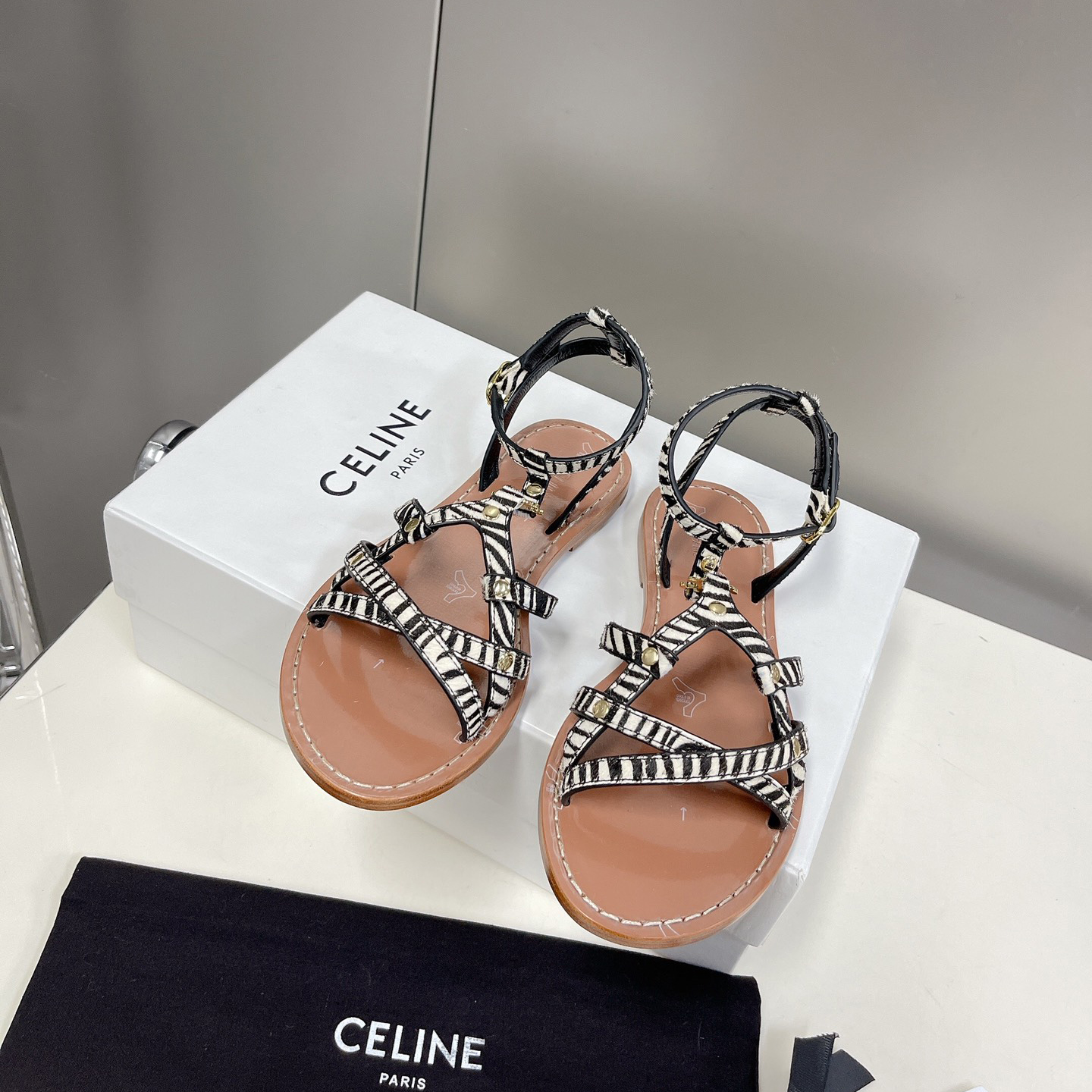 Celine Taillat Triomphe Sandal In Zebra Printed Hairy Calfskin Black/White - PerfectKickZ